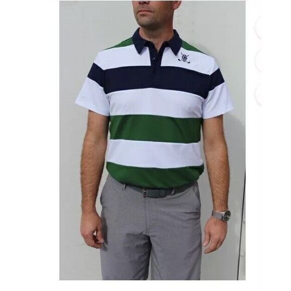 Chuco Golf Polo Shirt Equus Skull Logo Striped Navy Green Sz XXL NWT Performance - Picture 1 of 9